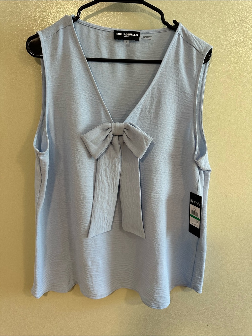 NWT Karl Lagerfeld Paris Light Blue Bow Neck Sleeveless Blouse Large
